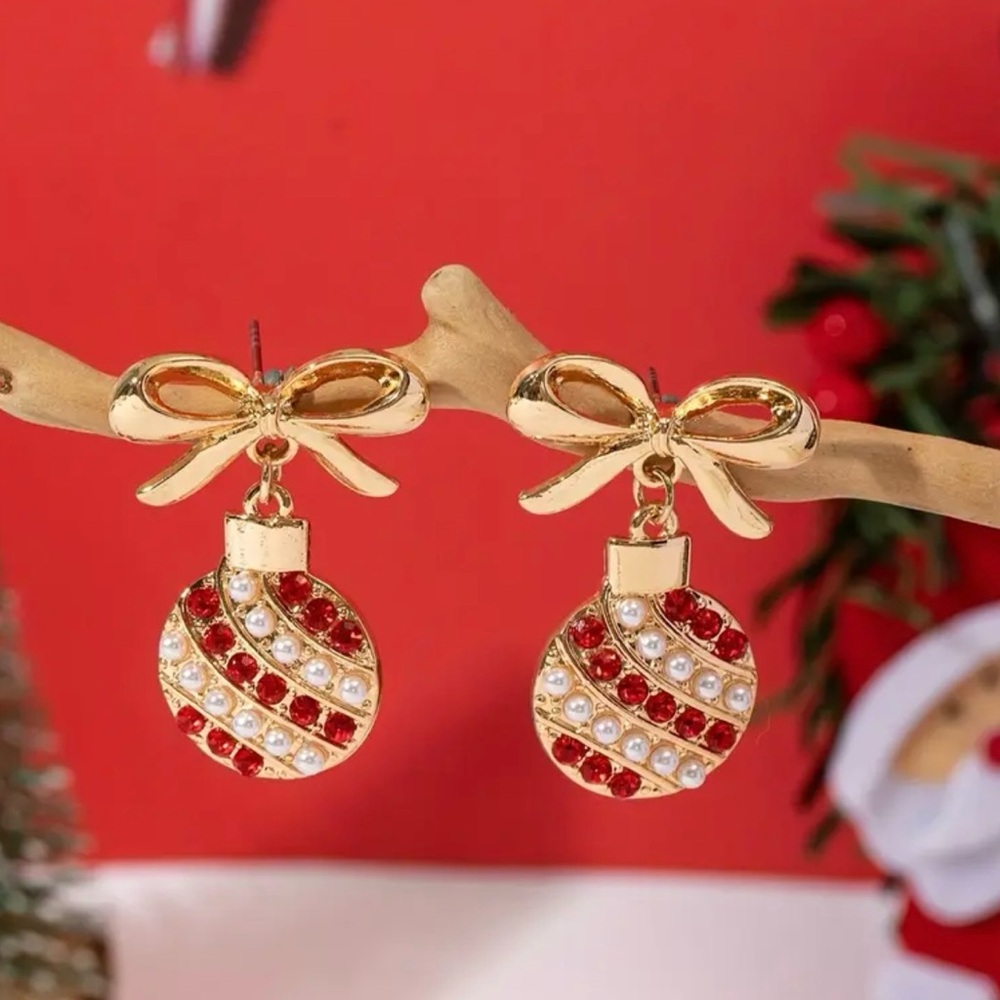Gold and Red Bow Ornament Earrings